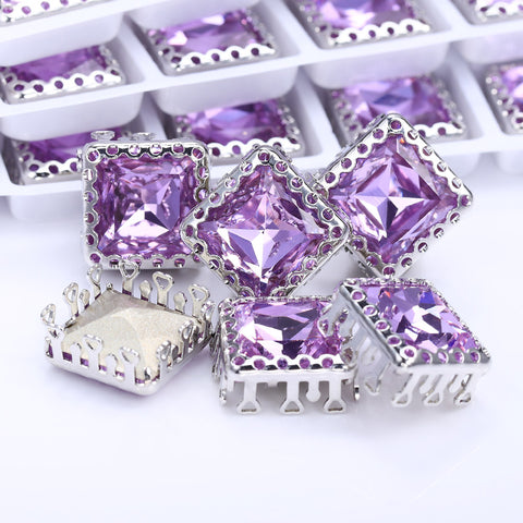Violet Princess Square Shape High-Quality Glass Sew-on Nest Hollow Claw Rhinestones