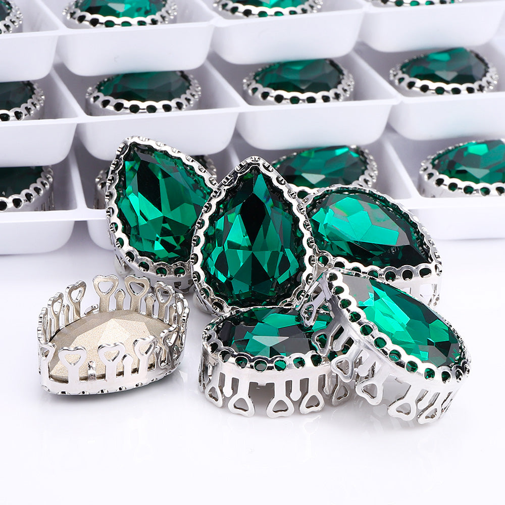 Emerald Drop Shape High-Quality Glass Sew-on Nest Hollow Claw Rhinestones