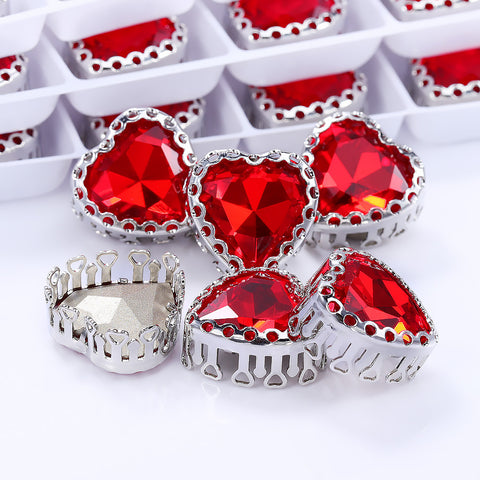 Light Siam Maxi Heart Shape High-Quality Glass Sew-on Nest Hollow Claw Rhinestones
