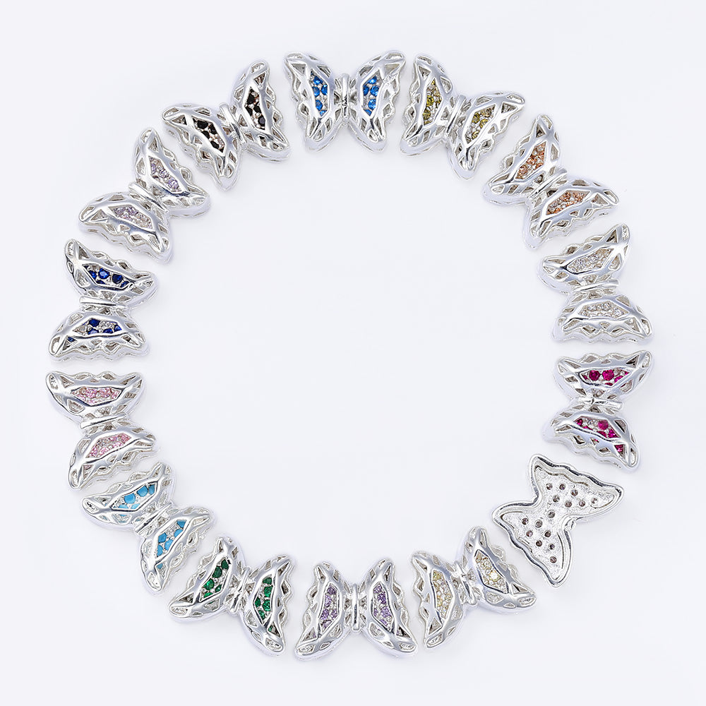 Butterfly Shape Silver Plated High-Quality Sew-on Alloy Charms Inlaid Cubic Zirconia