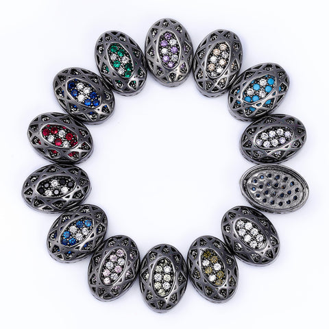 Oval Shape Hematite Plated High-Quality Sew-on Alloy Charms Inlaid Cubic Zirconia