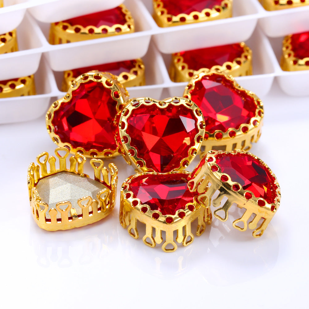 Light Siam Maxi Heart Shape High-Quality Glass Sew-on Nest Hollow Claw Rhinestones WholesaleRhinestone