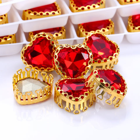 Light Siam Maxi Heart Shape High-Quality Glass Sew-on Nest Hollow Claw Rhinestones