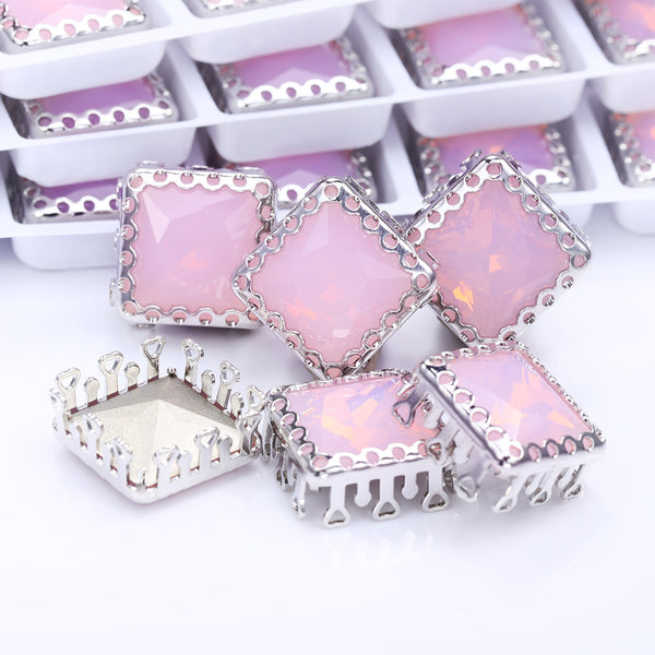 Rose Water Opal Princess Square Shape High-Quality Glass Sew-on Nest Hollow Claw Rhinestones WholesaleRhinestone