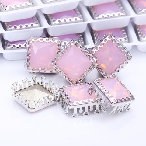 Rose Water Opal Princess Square Shape High-Quality Glass Sew-on Nest Hollow Claw Rhinestones
