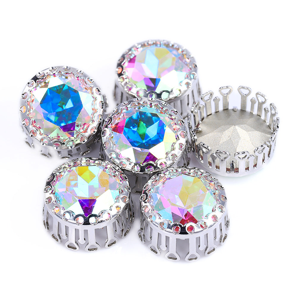 Crystal AB Gemstone Flower Round Shape High-Quality Glass Sew-on Nest Hollow Claw Rhinestones