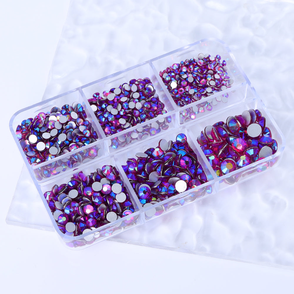 Mixed Sizes 6 Grid Box Fuchsia AB Glass FlatBack Rhinestones For Nail Art  Silver Back Второстепенное изображение товара