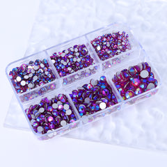 Mixed Sizes 6 Grid Box Fuchsia AB Glass FlatBack Rhinestones For Nail Art  Silver Back