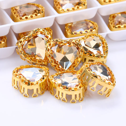 Golden Shadow Maxi Heart Shape High-Quality Glass Sew-on Nest Hollow Claw Rhinestones