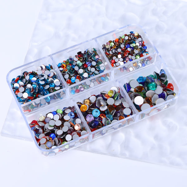 Mixed Sizes and Colors 6 Grid Box Glass FlatBack Rhinestones For Nail Art  Silver Back WholesaleRhinestone