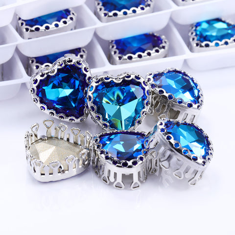 Bermuda Blue Maxi Heart Shape High-Quality Glass Sew-on Nest Hollow Claw Rhinestones