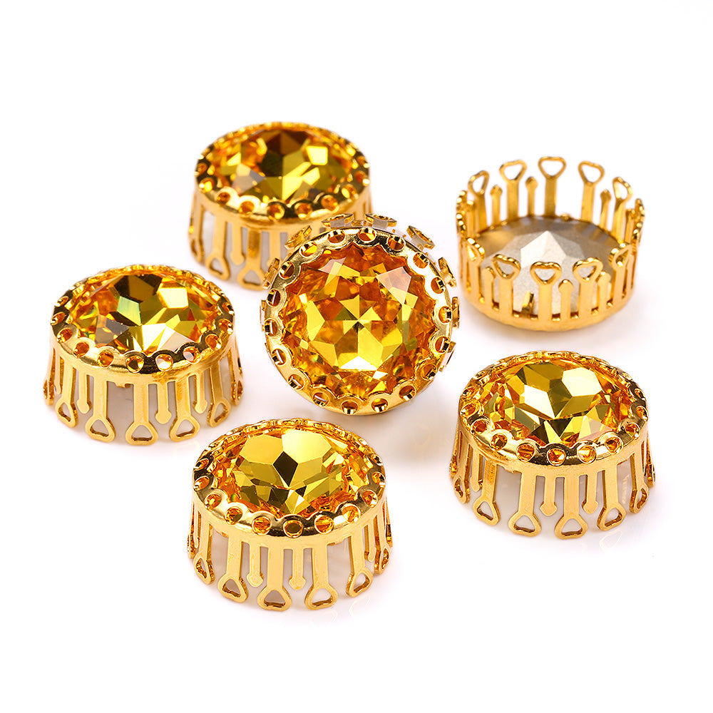 Light Topaz Gemstone Flower Round Shape High-Quality Glass Sew-on Nest Hollow Claw Rhinestones