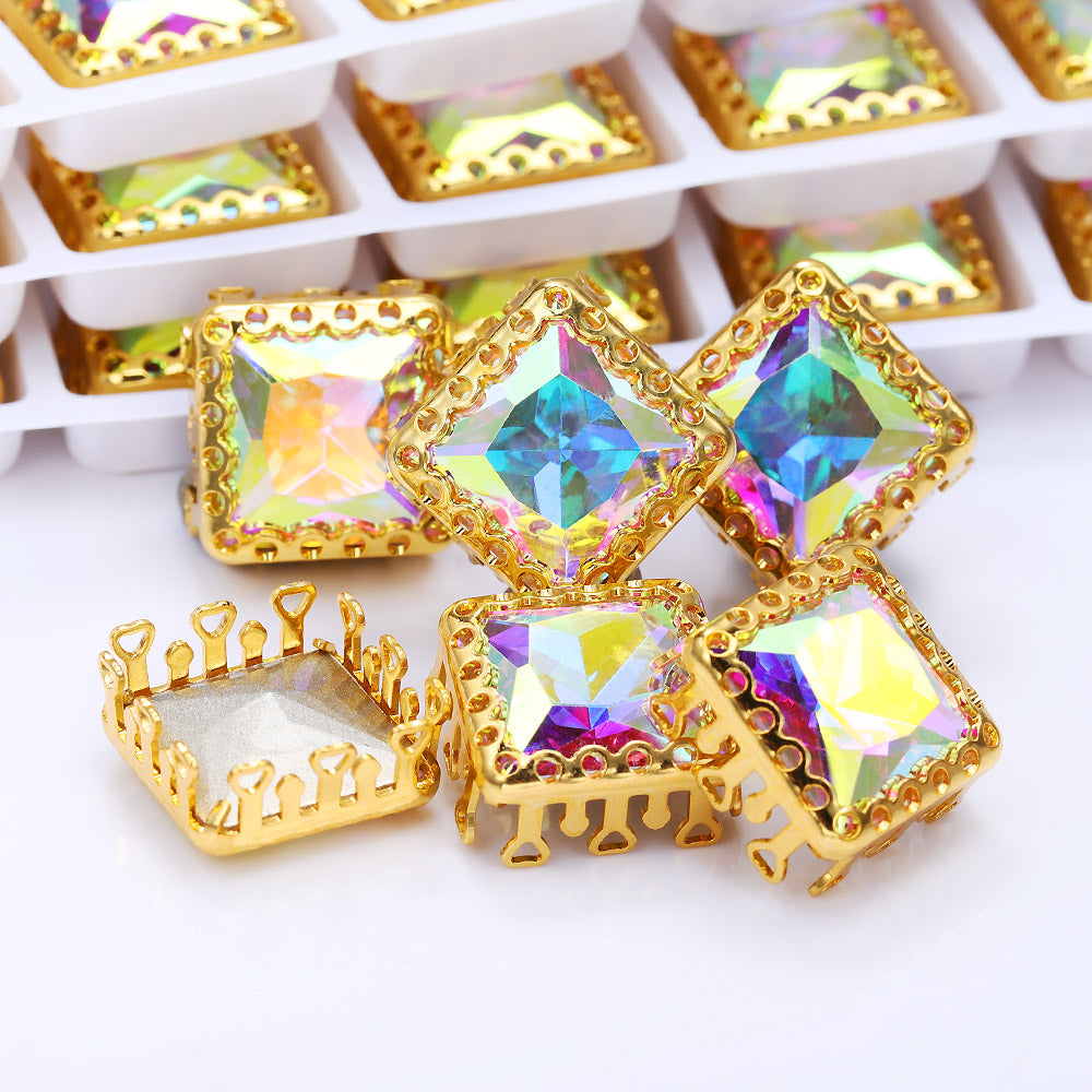 Crystal AB Princess Square Shape High-Quality Glass Sew-on Nest Hollow Claw Rhinestones