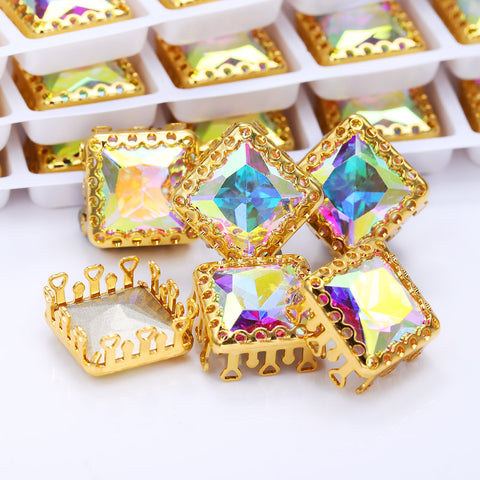 Crystal AB Princess Square Shape High-Quality Glass Sew-on Nest Hollow Claw Rhinestones