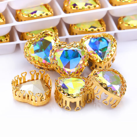 Crystal AB Maxi Heart Shape High-Quality Glass Sew-on Nest Hollow Claw Rhinestones