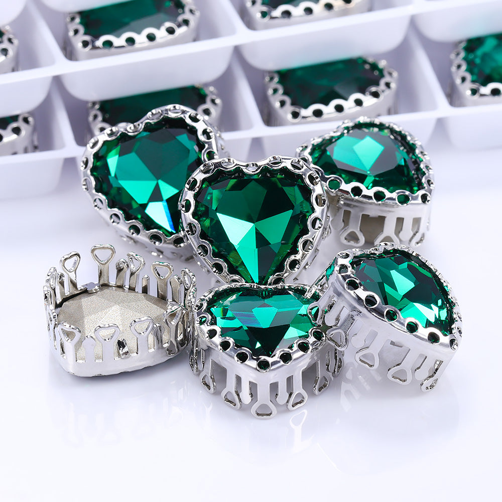 Emerald Maxi Heart Shape High-Quality Glass Sew-on Nest Hollow Claw Rhinestones