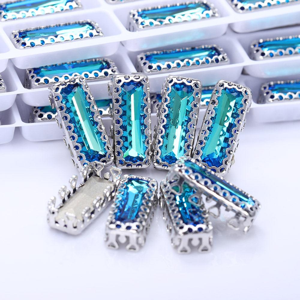 Bermuda Blue Princess Baguette Shape High-Quality Glass Sew-on Nest Hollow Claw Rhinestones