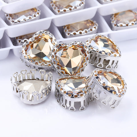 Golden Shadow Maxi Heart Shape High-Quality Glass Sew-on Nest Hollow Claw Rhinestones