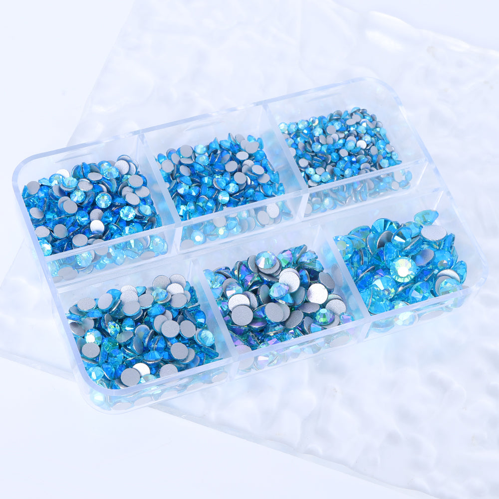 Gemengde maten 6 roosterbox Aquamarine AB Glas Flatback -strass Rhinestones voor Nail Art Silver Back Secundaire afbeelding