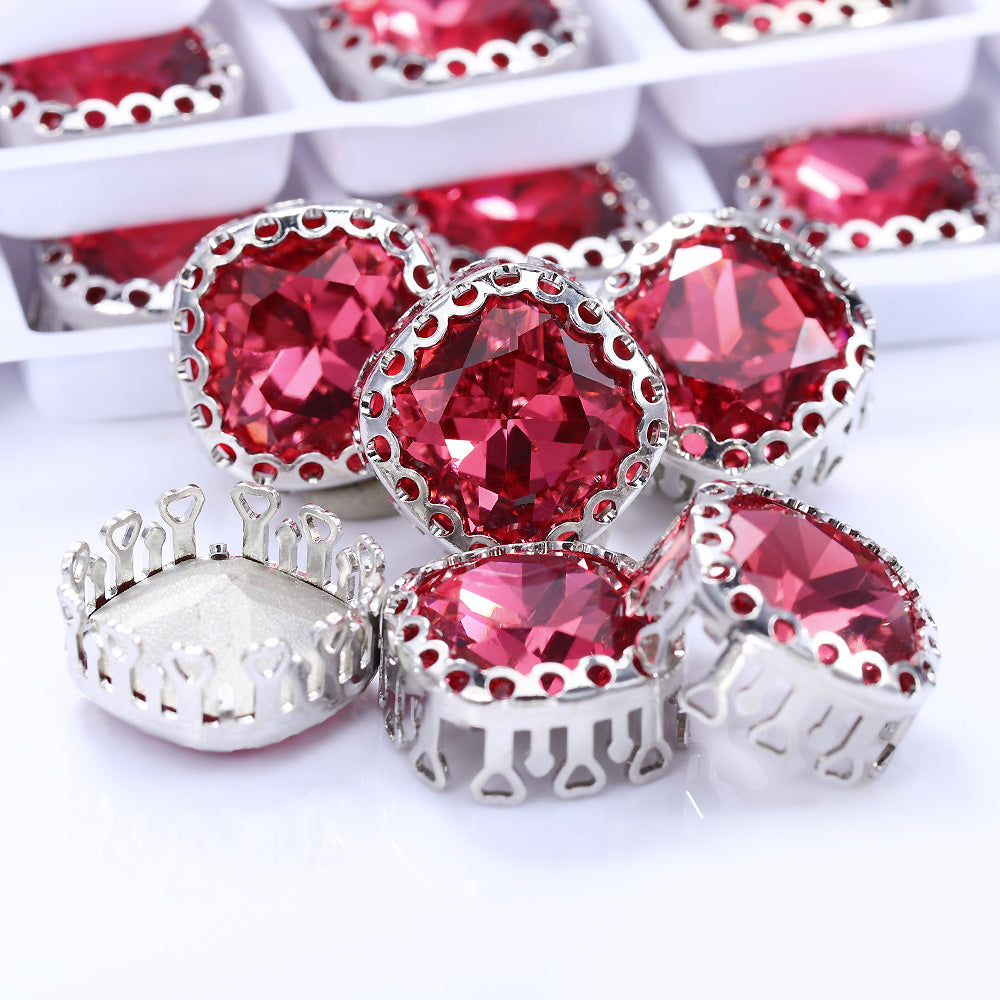 Rose Cushion Square Shape High-Quality Glass Sew-on Nest Hollow Claw Rhinestones
