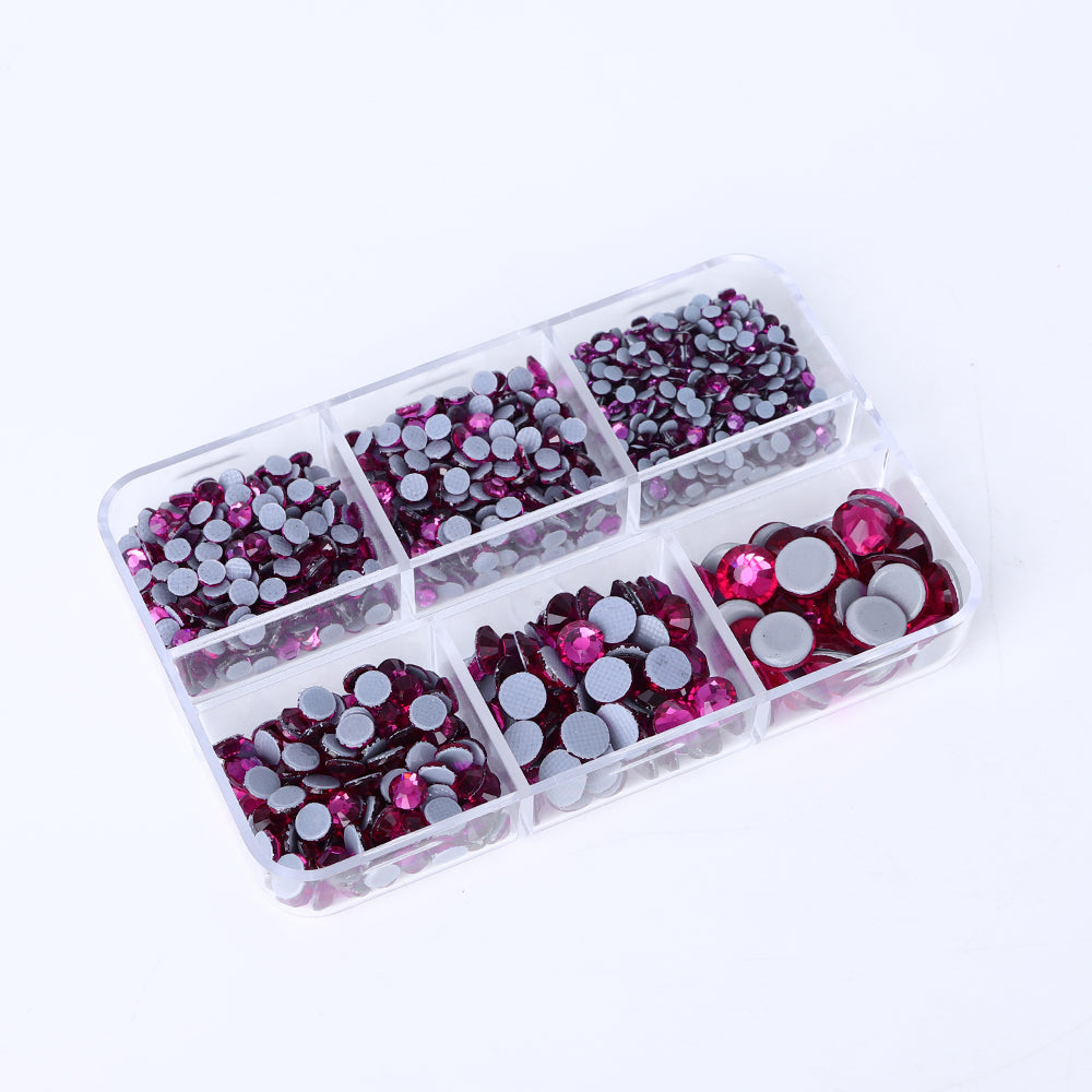 Mixed Sizes 6 Grid Box Fuchsia Glass HotFix Rhinestones For Clothing DIY Secondary image