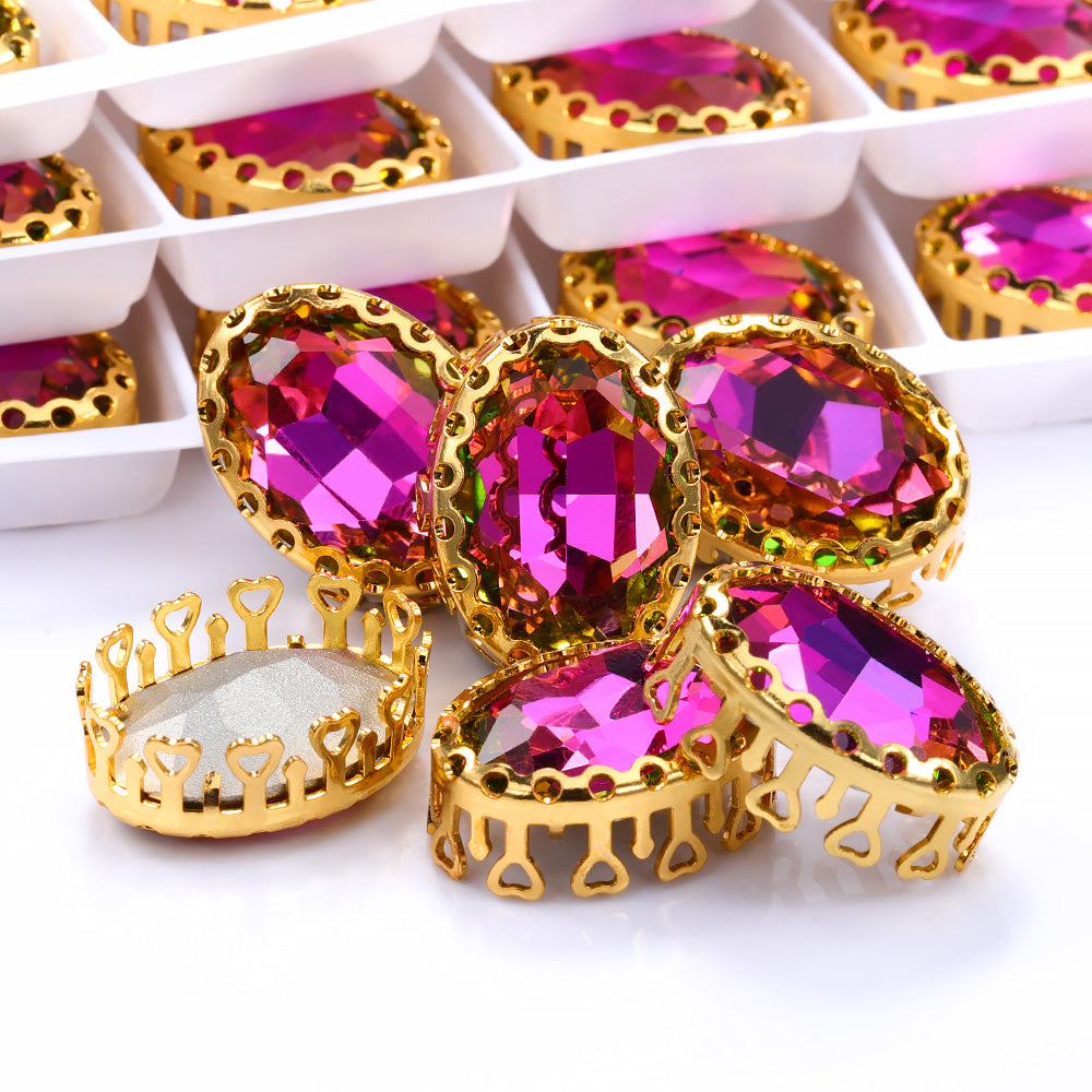 Vitrail Rose Oval Shape High-Quality Glass Sew-on Nest Hollow Claw Rhinestones