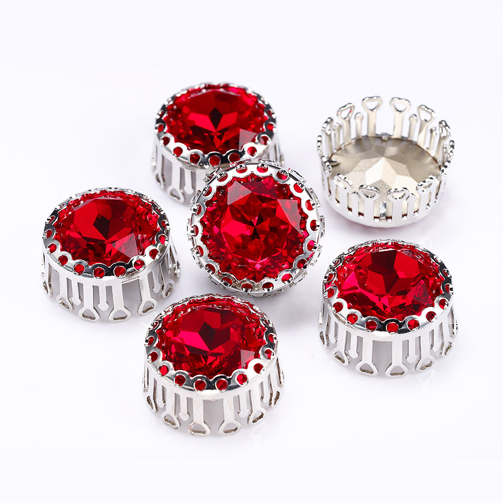 Light Siam Gemstone Flower Round Shape High-Quality Glass Sew-on Nest Hollow Claw Rhinestones