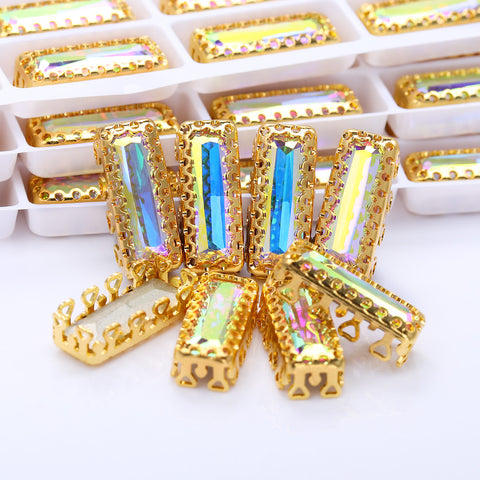 Crystal AB Princess Baguette Shape High-Quality Glass Sew-on Nest Hollow Claw Rhinestones