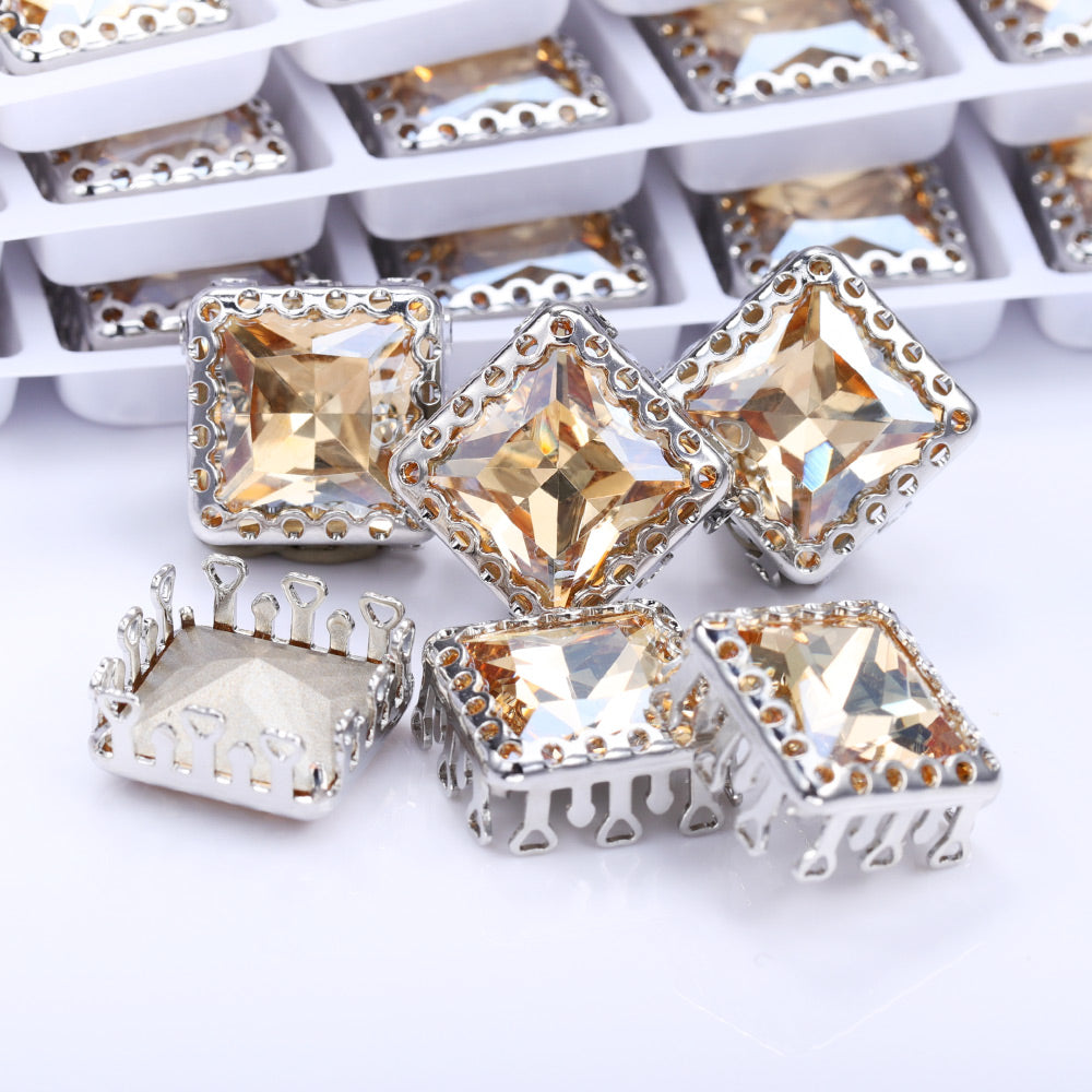 Golden Shadow Princess Square Shape High-Quality Glass Sew-on Nest Hollow Claw Rhinestones