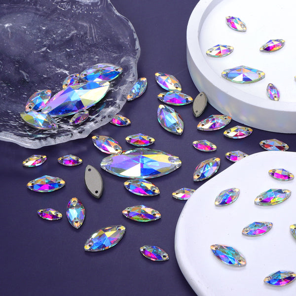 Mixed Sizes Crystal AB Navette Shape High Quality Glass Sew-on Rhinestones WholesaleRhinestone