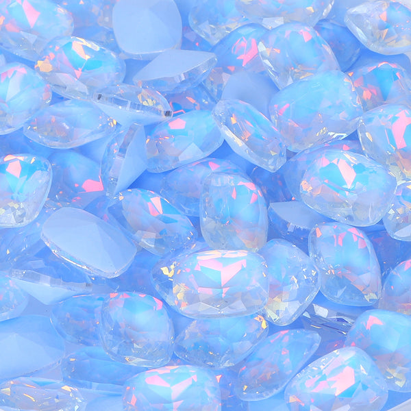 Light Blue AM Pillow Shape Glass Pointed Back Fancy Rhinestones