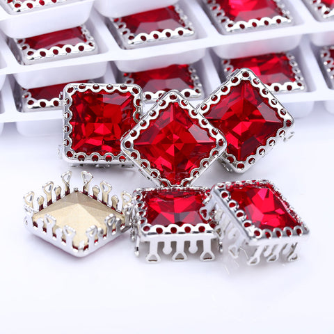 Light Siam Princess Square Shape High-Quality Glass Sew-on Nest Hollow Claw Rhinestones