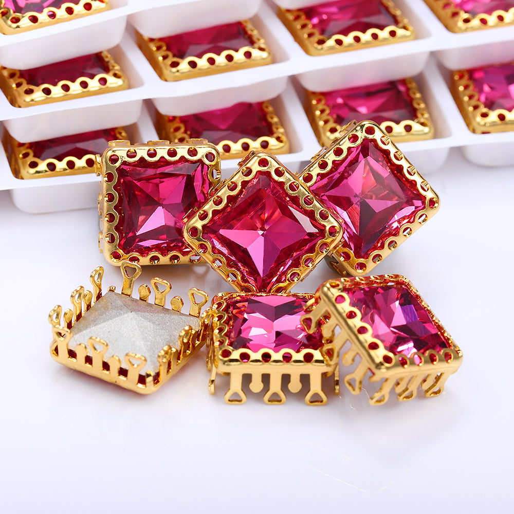 Rose Princess Square Shape High-Quality Glass Sew-on Nest Hollow Claw Rhinestones