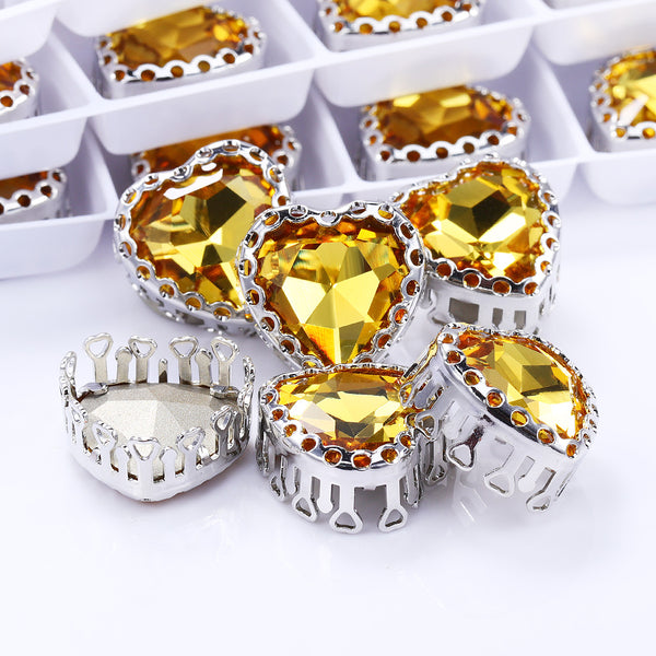 Light Topaz Maxi Heart Shape High-Quality Glass Sew-on Nest Hollow Claw Rhinestones WholesaleRhinestone