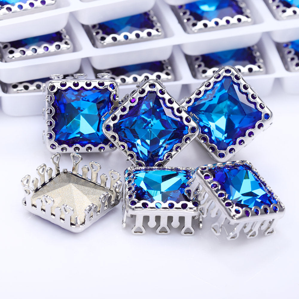 Bermuda Blue Princess Square Shape High-Quality Glass Sew-on Nest Hollow Claw Rhinestones WholesaleRhinestone