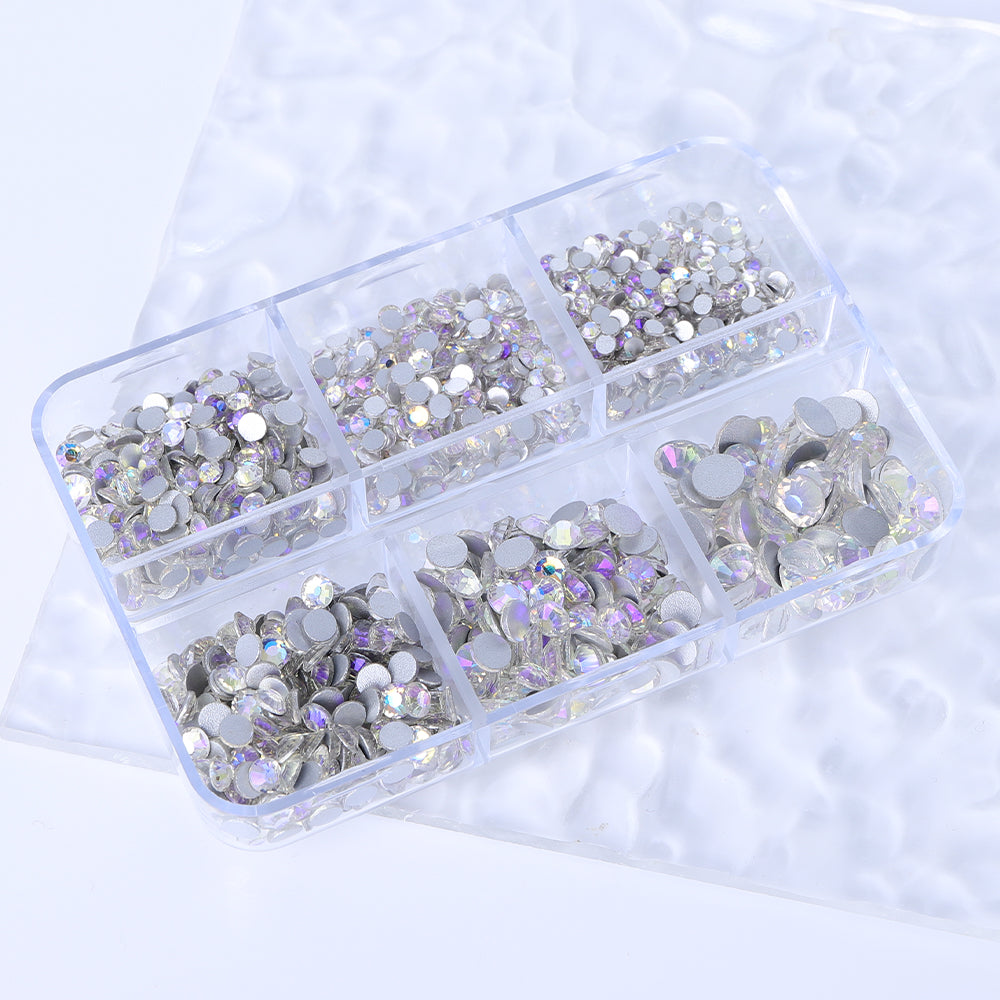 Mixed Sizes 6 Grid Box Starry Sky Glass FlatBack Rhinestones For Nail Art  Silver Back