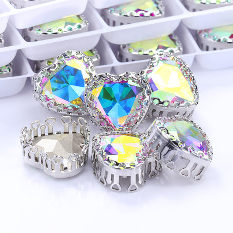 Crystal AB Maxi Heart Shape High-Quality Glass Sew-on Nest Hollow Claw Rhinestones