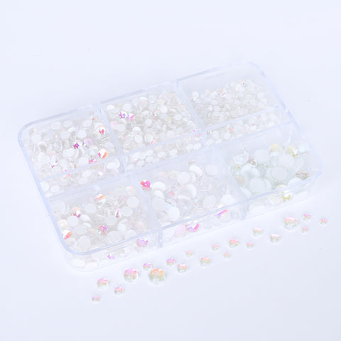Mixed Sizes 6 Grid Box Mocha White Mermaid Tears Glass Half Pearls Rhinestones