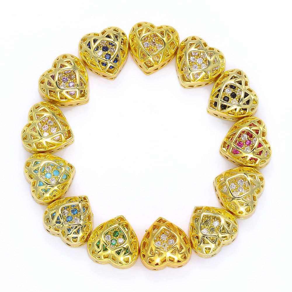 Heart Shape Golden Plated High-Quality Sew-on Alloy Charms Inlaid Cubic Zirconia