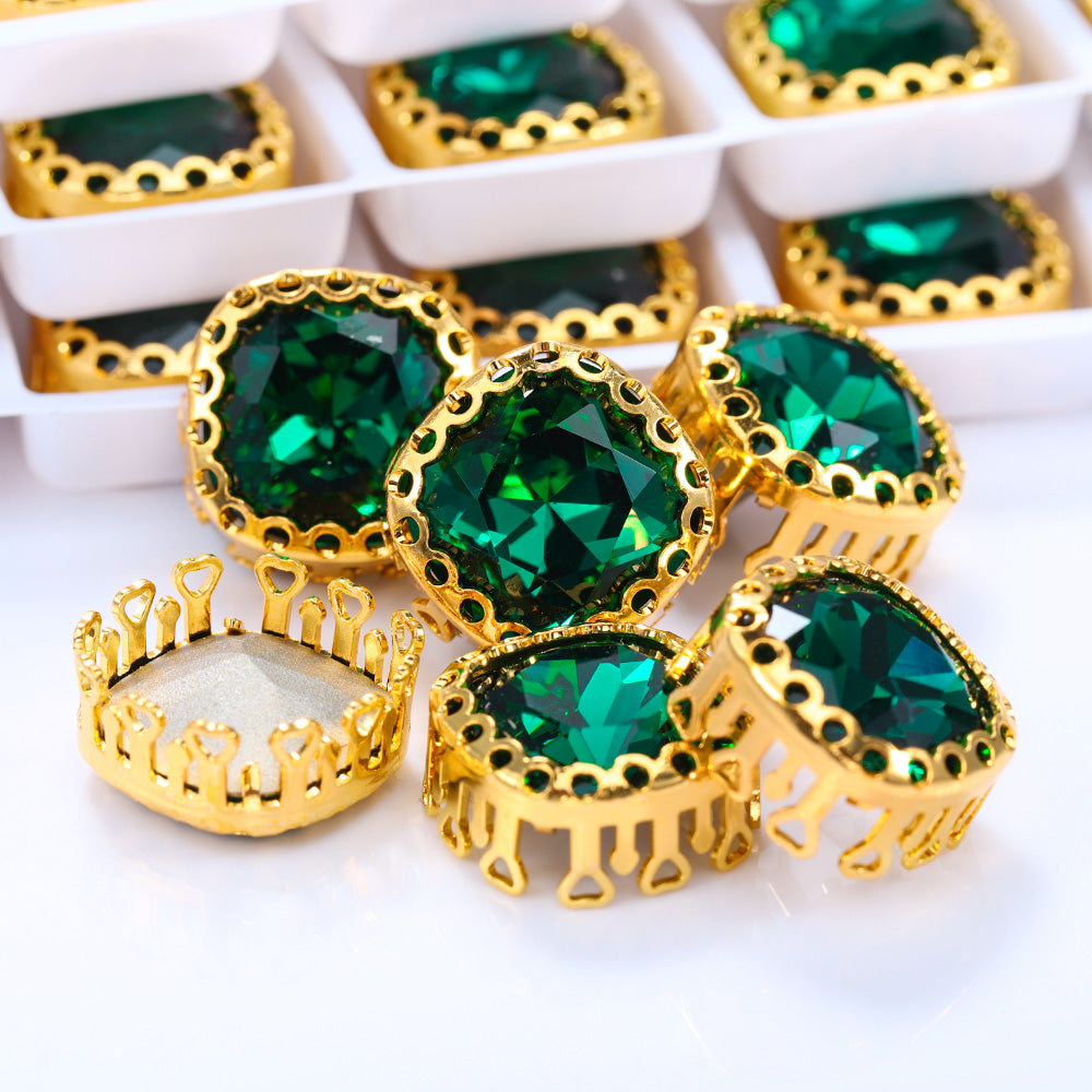 Emerald Cushion Square Shape High-Quality Glass Sew-on Nest Hollow Claw Rhinestones