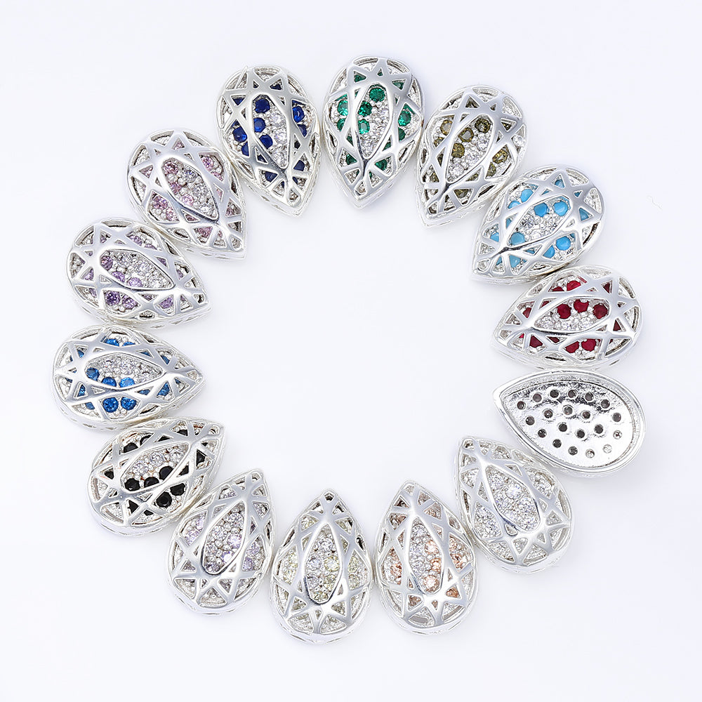 Drop Shape Silver Plated High-Quality Sew-on Alloy Charms Inlaid Cubic Zirconia