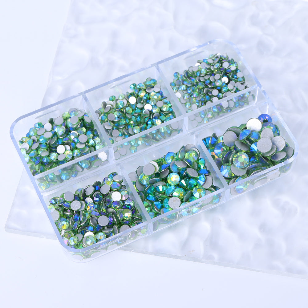 Mixed Sizes 6 Grid Box Peridot AB Glass FlatBack Rhinestones For Nail Art  Silver Back Secondary image