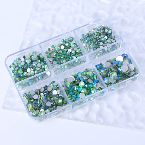 Mixed Sizes 6 Grid Box Peridot AB Glass FlatBack Rhinestones For Nail Art  Silver Back Secondary image