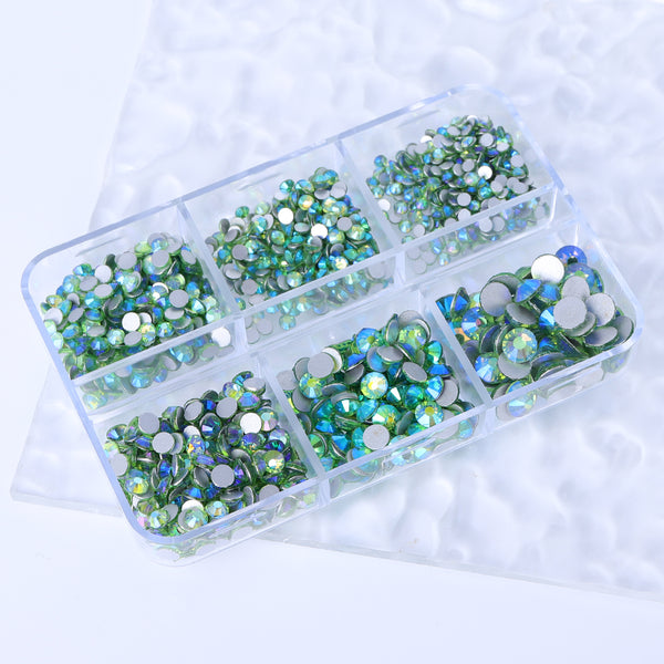 Mixed Sizes 6 Grid Box Peridot AB Glass FlatBack Rhinestones For Nail Art  Silver Back WholesaleRhinestone