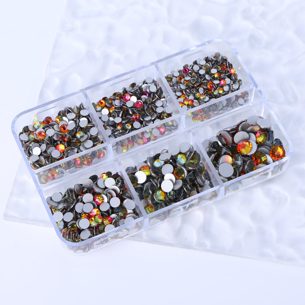 Mixed Sizes 6 Grid Box Red Volcano Glass FlatBack Rhinestones For Nail Art Silver Back