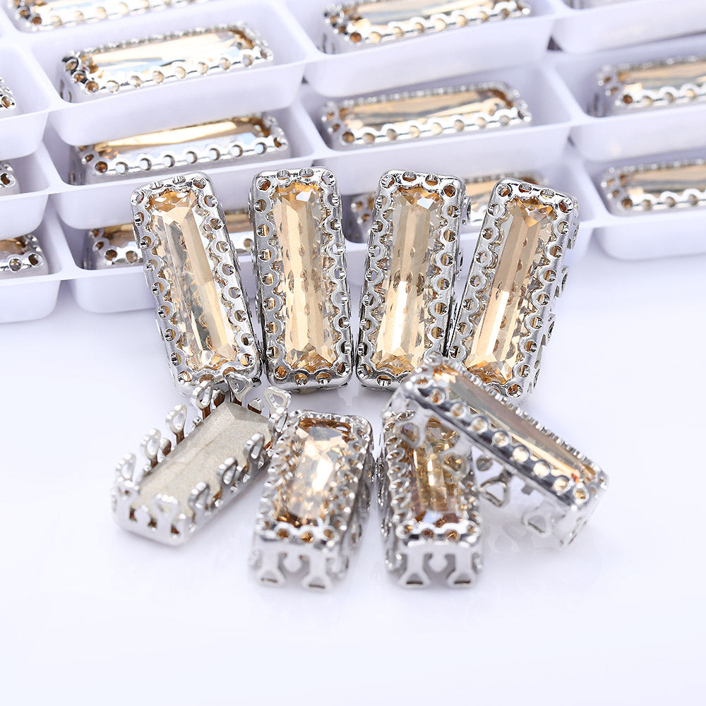 Golden Shadow Princess Baguette Shape High-Quality Glass Sew-on Nest Hollow Claw Rhinestones