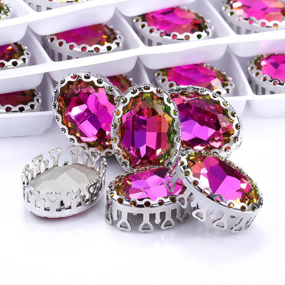 Vitrail Rose Oval Shape High-Quality Glass Sew-on Nest Hollow Claw Rhinestones