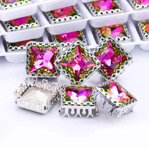 Vitrail Rose Princess Square Shape High-Quality Glass Sew-on Nest Hollow Claw Rhinestones