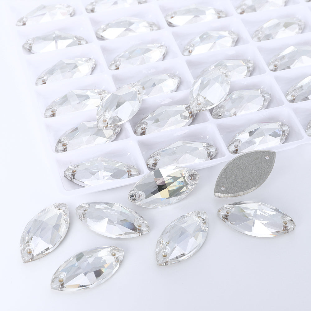 Silver Shade Navette Shape High Quality Glass Sew-on Rhinestones