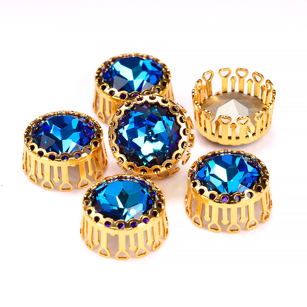 Bermuda Blue Gemstone Flower Round Shape High-Quality Glass Sew-on Nest Hollow Claw Rhinestones